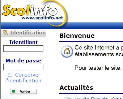 Ecran d'accueil de Scolinfo